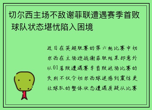 切尔西主场不敌谢菲联遭遇赛季首败 球队状态堪忧陷入困境