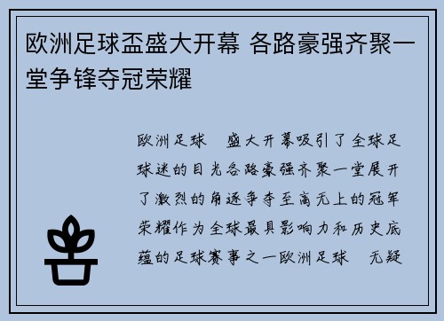 欧洲足球盃盛大开幕 各路豪强齐聚一堂争锋夺冠荣耀