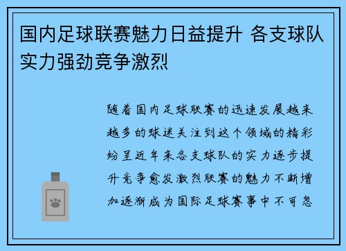 国内足球联赛魅力日益提升 各支球队实力强劲竞争激烈
