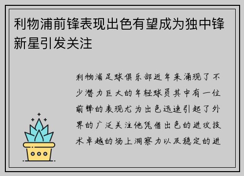 利物浦前锋表现出色有望成为独中锋新星引发关注